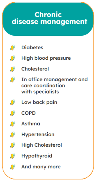 Chronic Disease Management: Diabetes, High blood pressure, Cholesterol, In office management and care coordination with specialists, Low back pain, COPD, Asthma, Hypertension, High Cholesterol, Hypothyroid, and many more